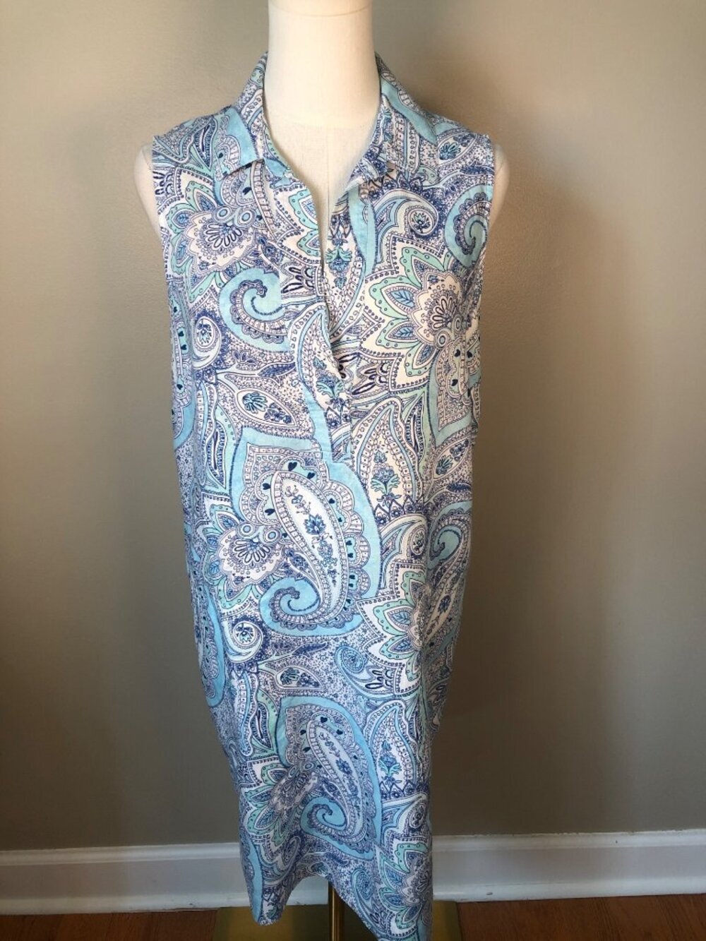 Cynthia Rowley 100% Linen Blue Paisley Shift Dress Coastal Grandma Luxury Sz 10
